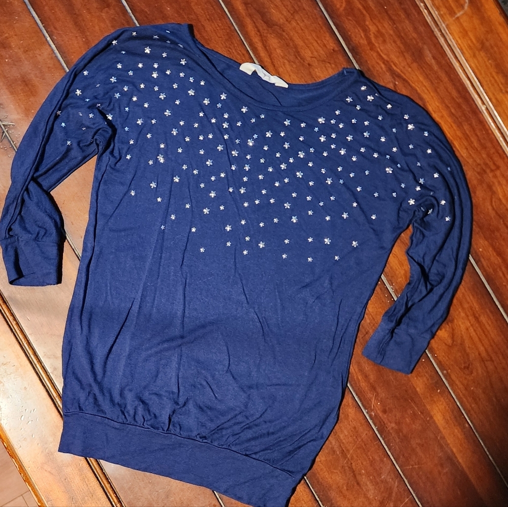 H&M Navy Blue Star Embellished 3/4 Sleeve Shirt
